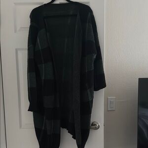 Black and Green Plaid Open Cardigan